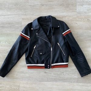 Zara Bomber leather look jacket, Size L, Black w/rust/white bands & pockets.
